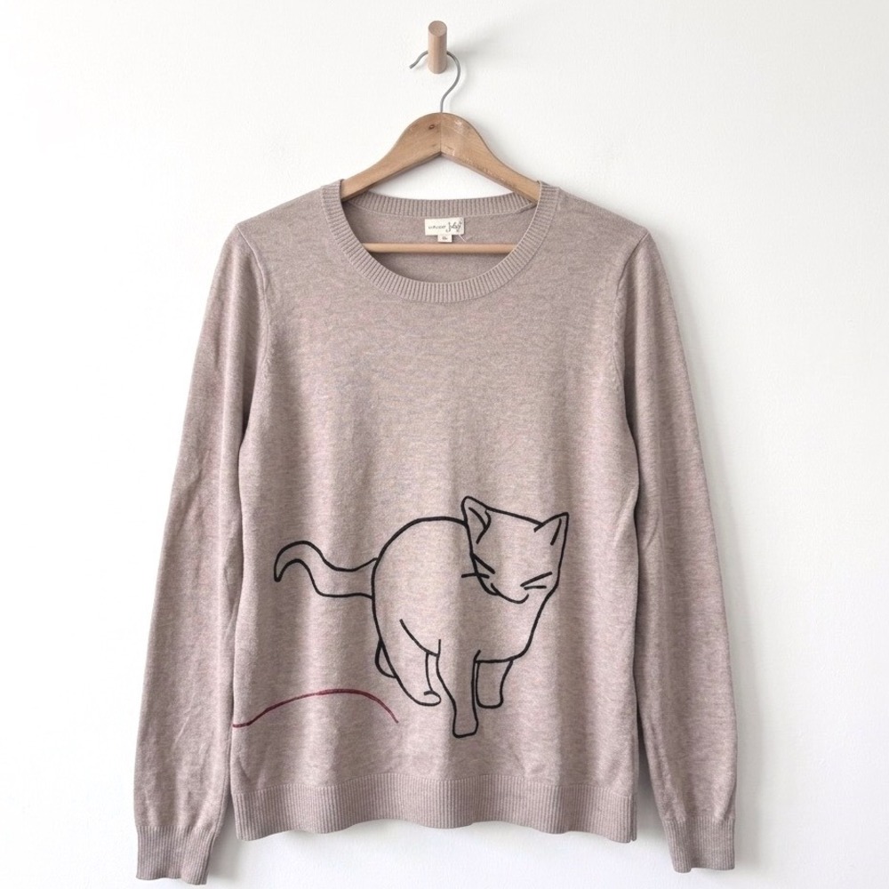 Maison Jules Taupe Crewneck Sweater with Cat Embroidery